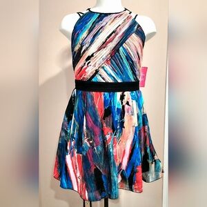 NWT Little Mistress Watercolor Print Multi-Strap Textured Mini Dress Size 12